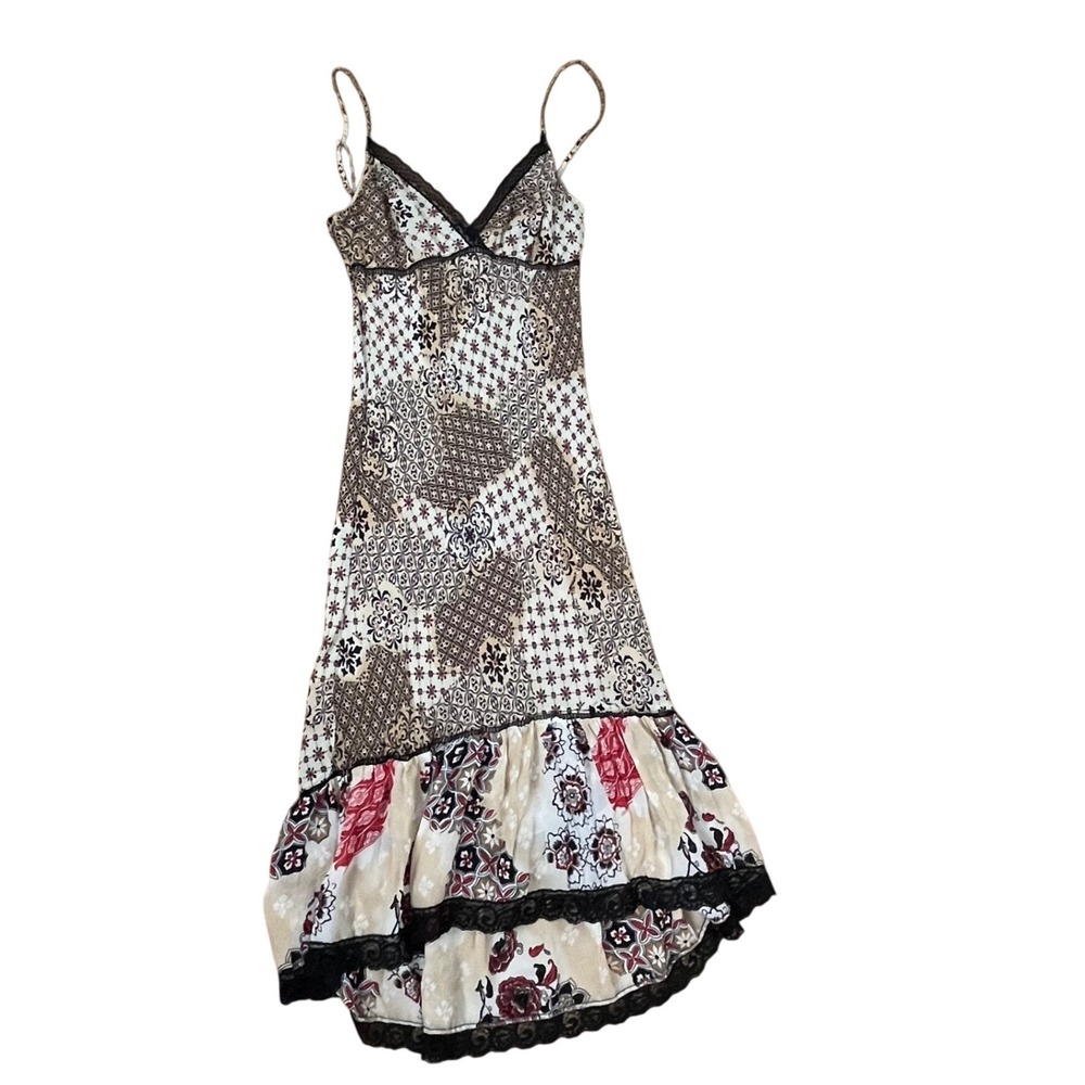 Patchwork Maxi Dress Lace Trim Bebe Boho Womens Small Cream Brown Floral Y2K - Picture 2 of 10